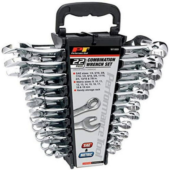 Performance Tool W1069 22-Piece SAE and Combination Metric Wrench Set with Rack