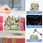 UPOUART Clear Transparent Cube Bank for Secure Money Saving and Cash Storage, Clear Plastic Box