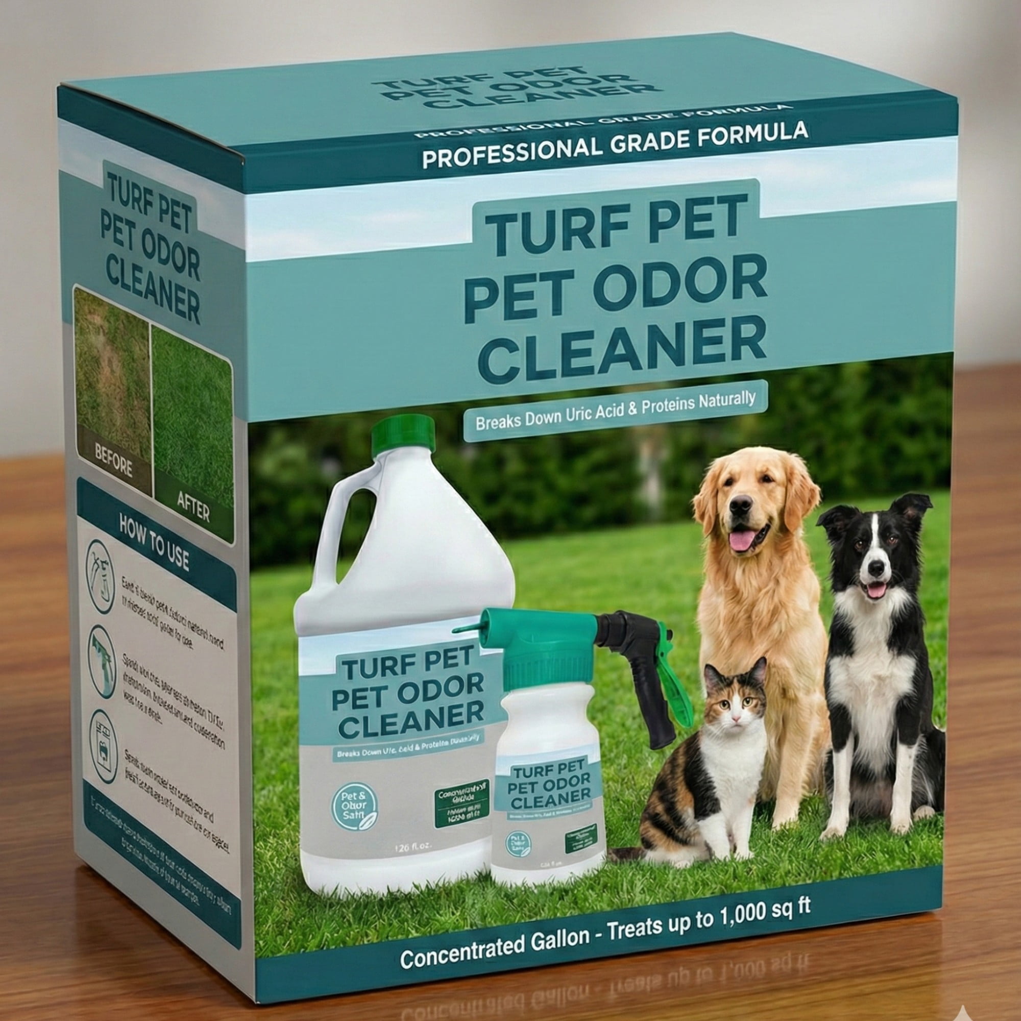 Turf Pet Odor Eliminator Enzyme Cleaner with Hose-End Sprayer for Outdoor Turf, Grass, Patio & Yard Odor Removal, 1 Gallon Concentrate