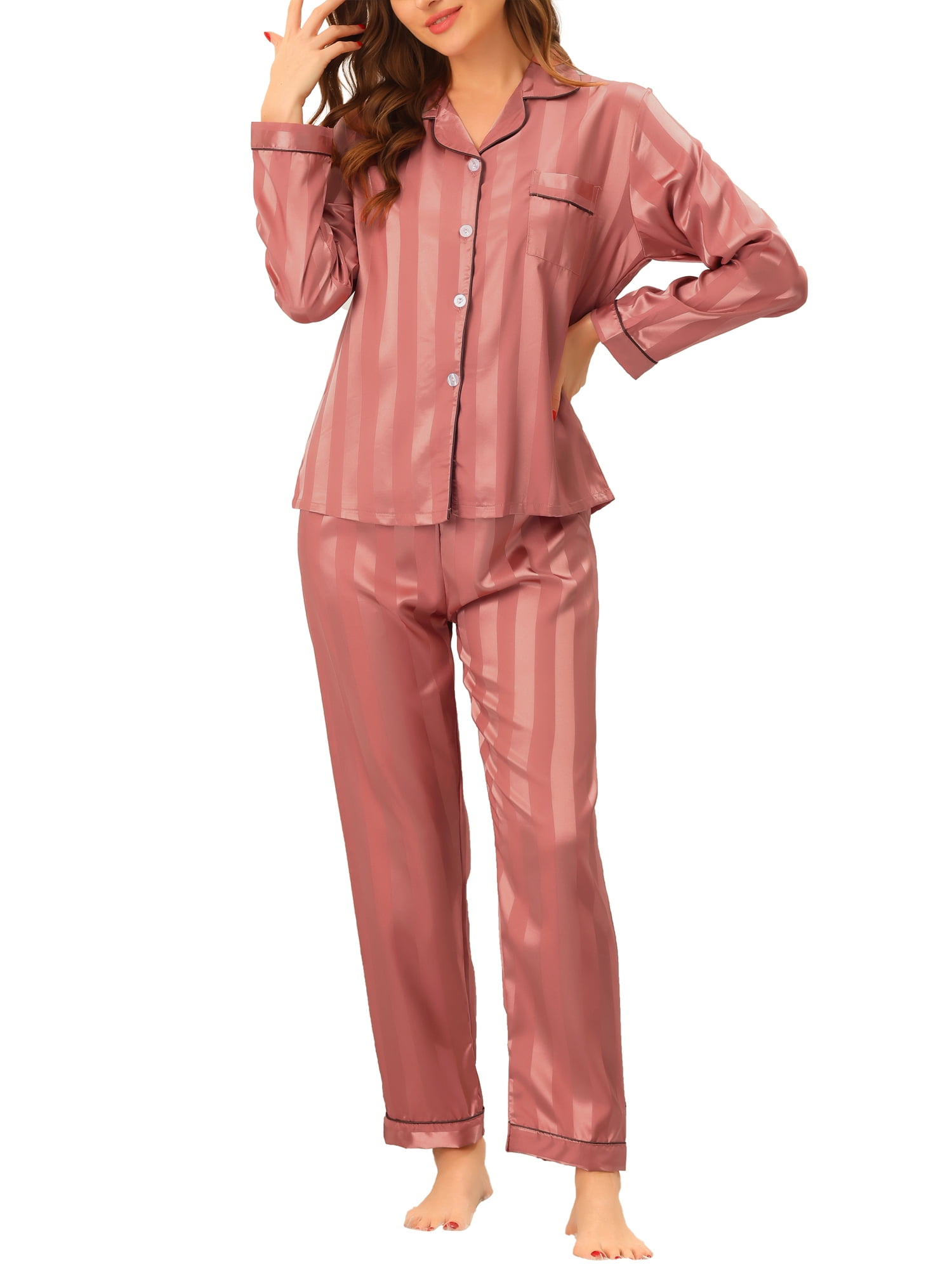 Unique Bargains Womens Nightwear with Pants Lounge Satin Button Down Pajama Sleepwear Sets