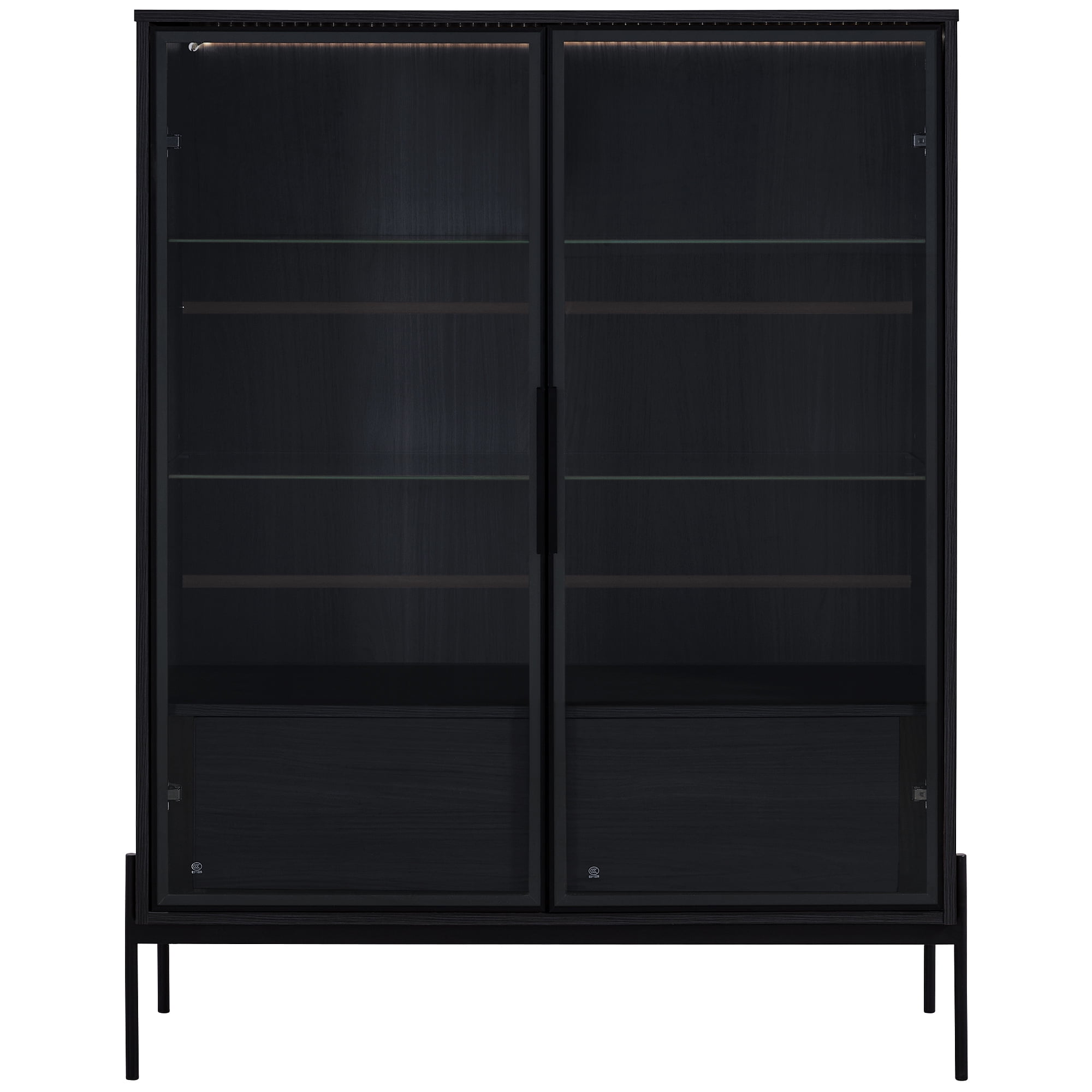 Euroco Modern LED Lighted Glass Display Cabinet with Drawers and Aluminum Frame Doors, 4 Adjustable Glass Shelves, 39.8” Wide Showcase