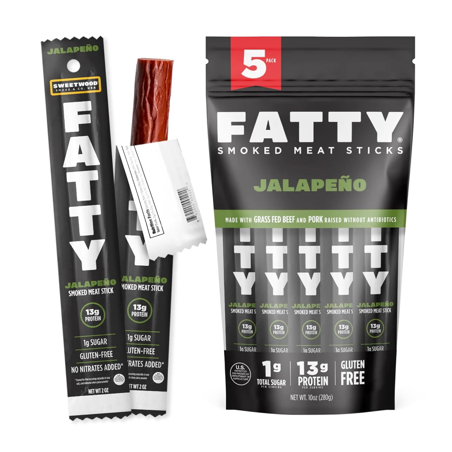 FATTY Meat Sticks, Grass-Fed Beef, High Protein Snack, Camping, Sports, Road Trip, Low Carb, Gluten Free, MSG Free, Nitrate Free, Jalapeno Flavor, 2 oz. (Pack of 5)