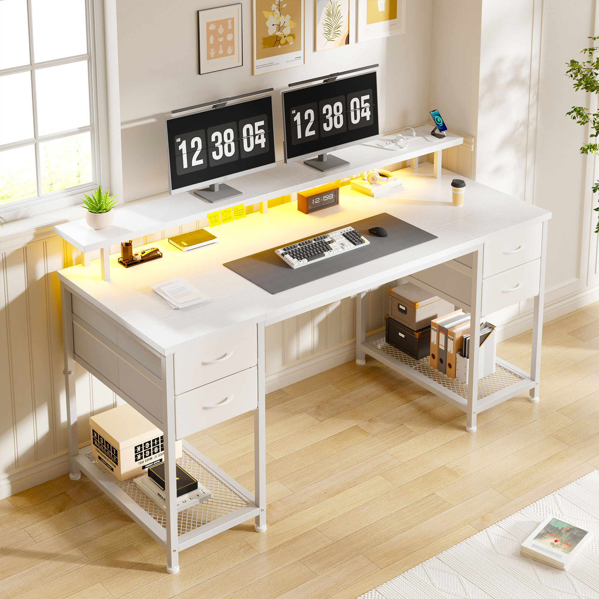 EnHomee Office Desk with 4 Fabric Drawers Gaming Desk with storage Computer Desk for Bedroom, White