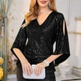 thumbnail image 4 of Turilly Womens Sequin Tops 3/4 Sleeve Glitter Sparkly Party Blouse V-Neck Dressy Tops For Evening Party Black XXL, 4 of 7