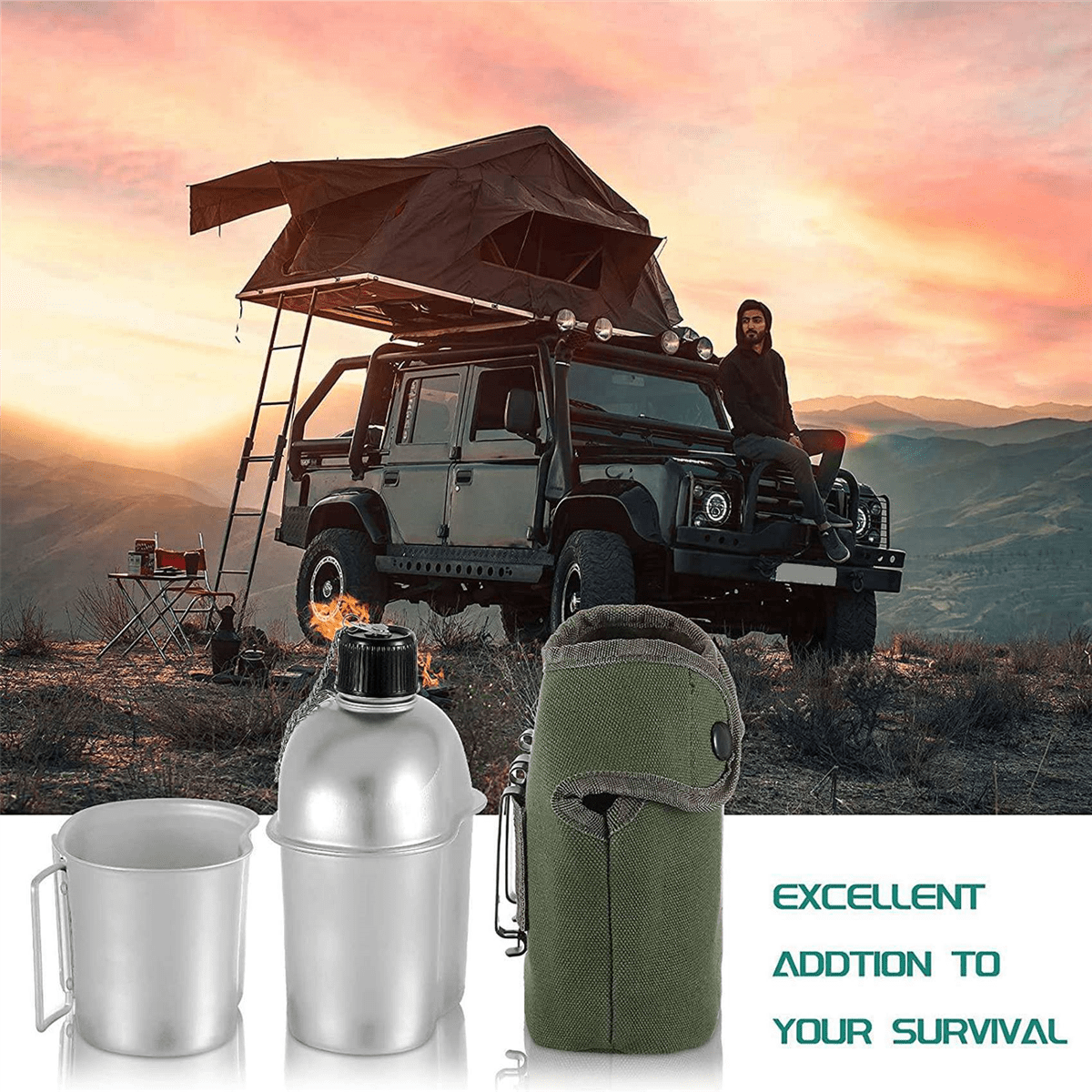 2X Outdoor Canteen Cookware Set Canteen Cup Portable Water Bottle with Grab Handle Cup for Outdoor Camping Hiking