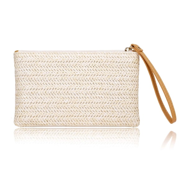 Bolso de mano con pajita para mujer COOKOOKY estilo bohemio verano playa cierre Beige-Blanco 8x4.8x0.6