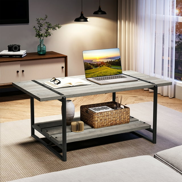 Rustic Farmhouse Table, 40in Entryway Table with Storage, Slatted Style 2-Tier Sofa Table with Shelf, Rustic Console Tables
