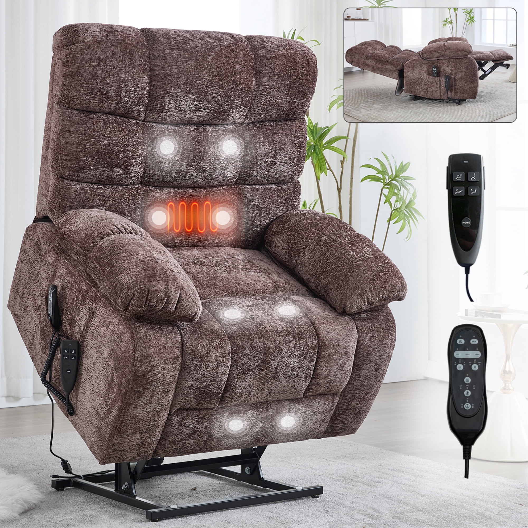 Leumius Large Power Lift Recliner Chair for Elderly,Heavy Duty Chenille Recliners with Massage and Heating for Living Room,Brown