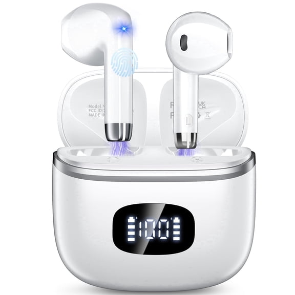 Wireless Earbuds Bluetooth Noise Cancelling for iPhone Android with 4 ENC Mic, Dual LED Display, 50H Playtime IPX7 Waterproof In Ear Headphones, White