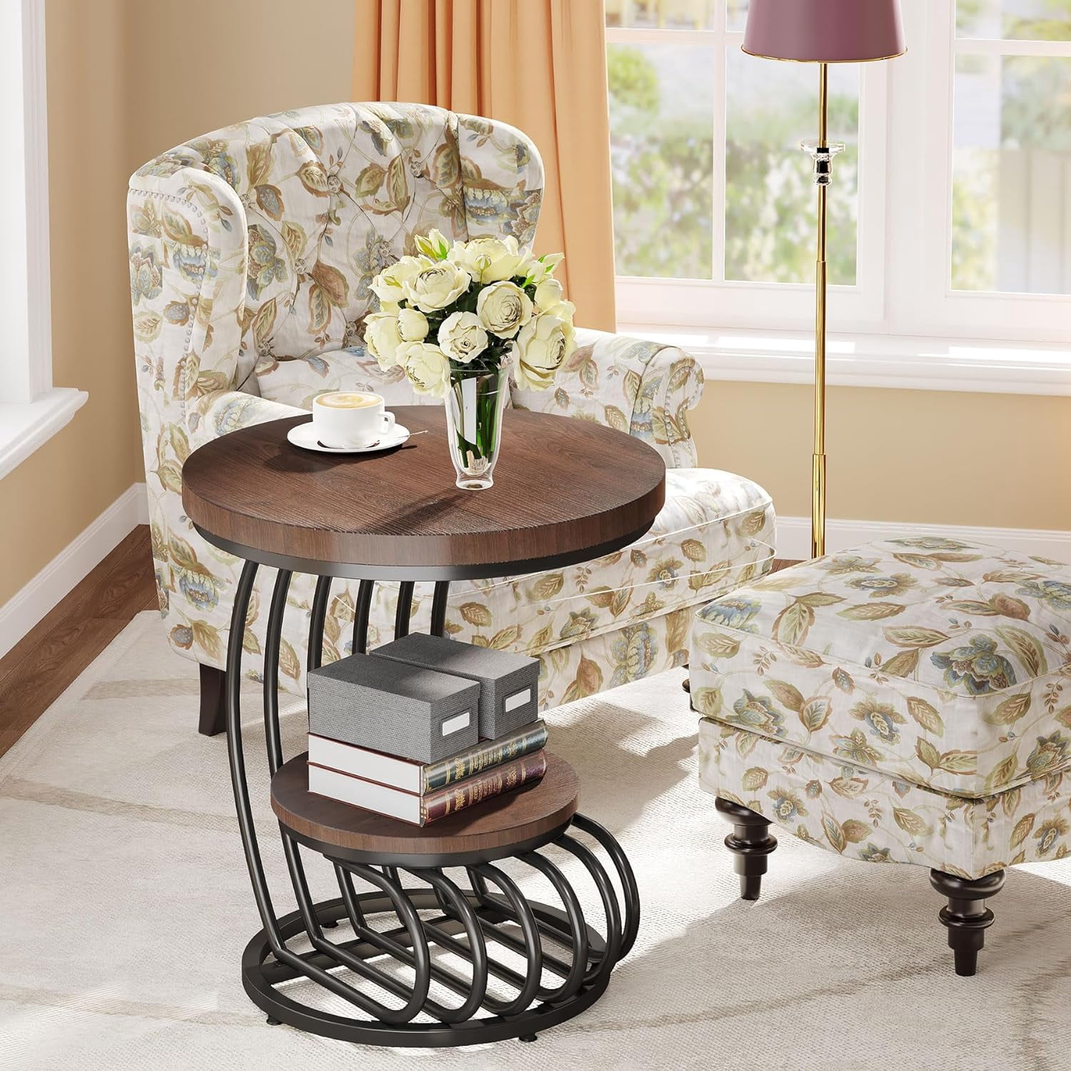 Tribesigns Round End Side Table, Side Table with 2 Tiers Storage Shelves, Vintage End Table for Living Room