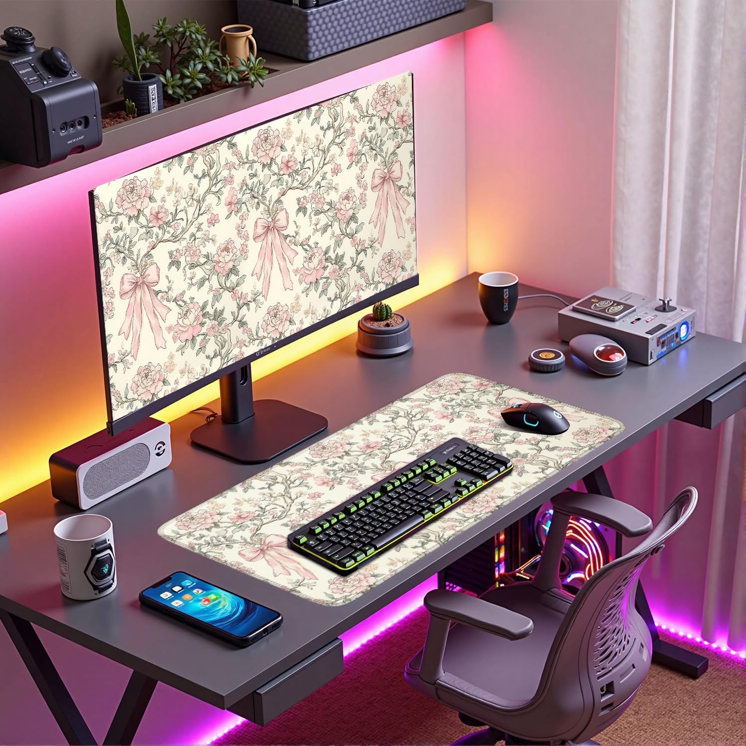Floral Desk Mat Vintage Chinoiserie Large Mouse Pad Coquette Aesthetic Office Decor Flower Pink Bow Gaming Pad Cottagecore Desk Decor 31.5x15.7 in