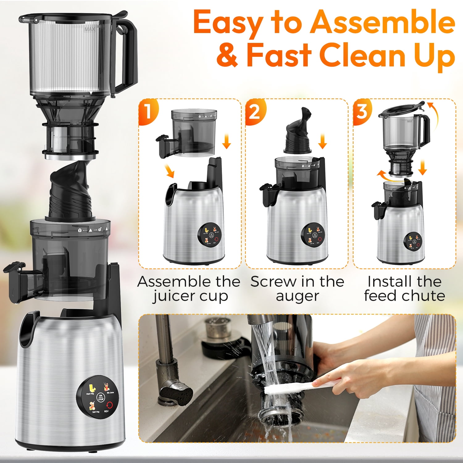 Open Box INSMART Cold Press Juicer,Juicer Machines with 5.4" Large Feed Chute,300w Slow Juicer Machines Fit Whole Vegetables and Fruits,Touchscreen Slow Masticating Juicer with 4 Mode(With Cleaning Function)