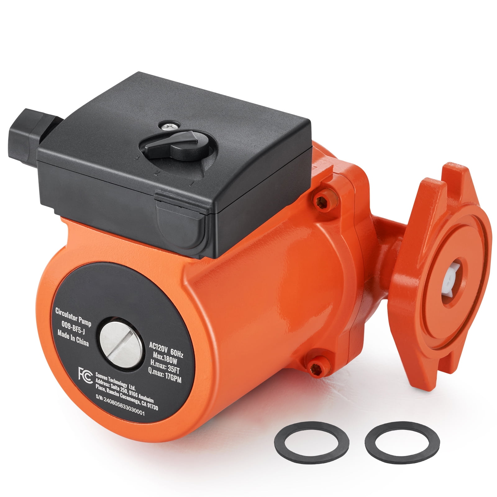 KFFKFF 009-BF5-J Water Circulation Pump, 110V, 180W, 17 GPM, 3/4" NPT Flange, 3-Speed, Quiet Home Heater System Pump