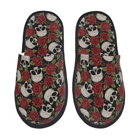 

Sikiie Red Rose Skull Fuzzy Slip-on Slippers Warm Cozy Soft Lightweight Memory Foam Indoor House ShoesMedium