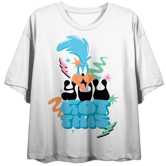 Looney Tunes Road Runner You Got This Crew Neck Short Sleeve Women's White Crop Top-Medium