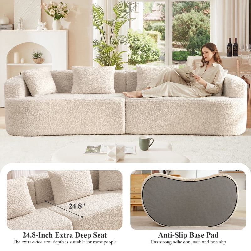 ATHOPE 112" Curved Sectional Couch with Pillows, Deep Seat Boneless Cloud Sofa for Small Space, Plush Teddy Fabric Comfy Couch for Living Room, Bedroom, No Assembly Needed, White