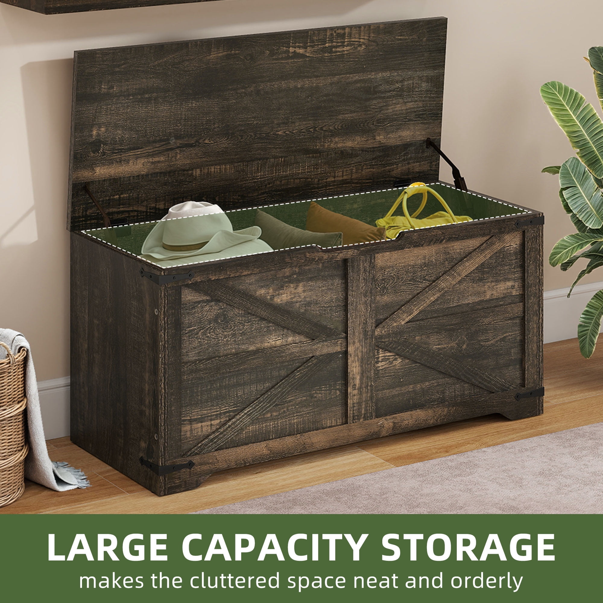 Uforic 39.4" Farmhouse Storage Bench, Wooden Chest with Safety Hinges, Shoe Organizer for Entryway - Rustic Brown