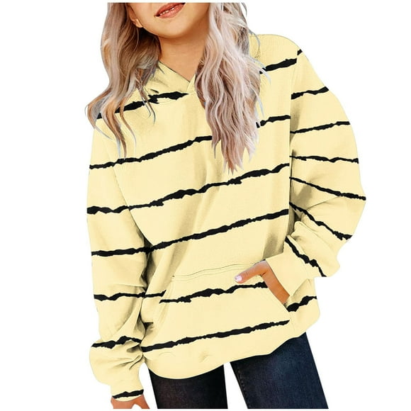 Milgrthf Girls Long Sleeve Stripes Pullover Hoodie Fall Winter Casual Sweatshirts Pockets Comfy Lightweight Hooded Tops with Pocket Beige 11 Years