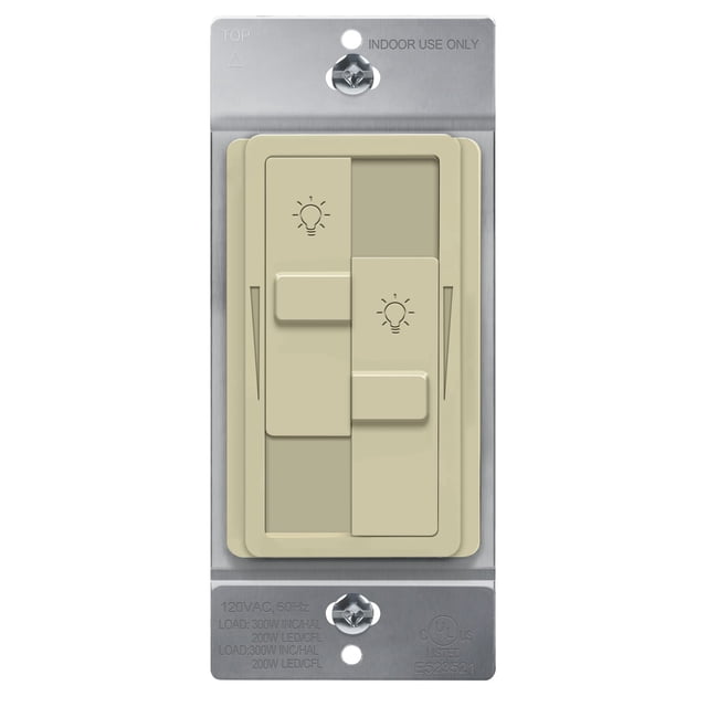 TOPGREENER Kalide Interruptor de Luz con Regulador de Carga Dual, Regulador LED Doble, Polo Nico, 120 Vac, 60 Hz, 200 W LED/CFL, No Requiere Cable Neutro, TGDDS-I, Marfil
