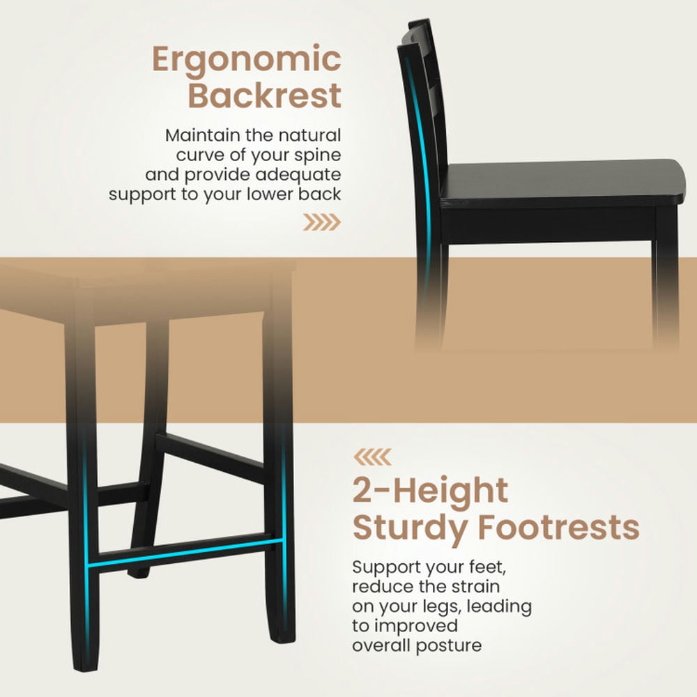 Demi Bonn Set of 2 Wooden Bar Stools with Ergonomic Backrest and Footrest, Modern Kitchen Dining Chair, Black