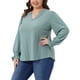 thumbnail image 4 of Blusas de túnica casual de manga larga con volantes y escote en V con ojales para mujeres de tallas grandes Agnes Orinda 1X verde frijol, 4 of 6
