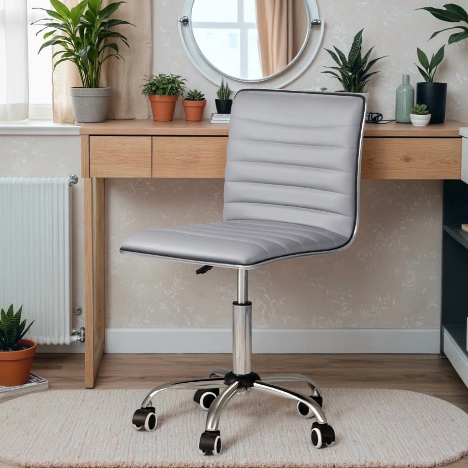 Furmax Leather Swivel Office Chair - Mid Back Vanity Chair for Makeup Desk, Armless Ribbed Task Chair with Ergonomic Support (Light Gray)