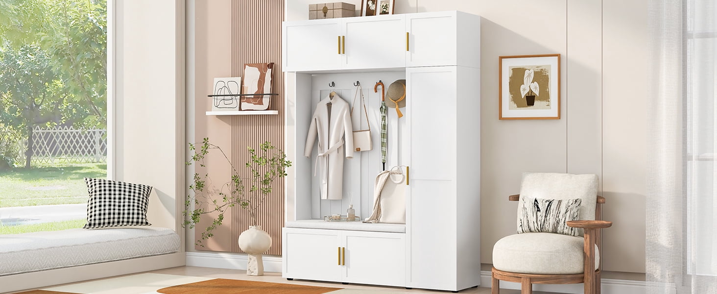 Mintazer All‑in‑One Hall Tree with Cushioned Shoe Bench & Hooks, Entryway Storage Organizer with Cabinets & Open Shelves for Mudroom Hallway, White