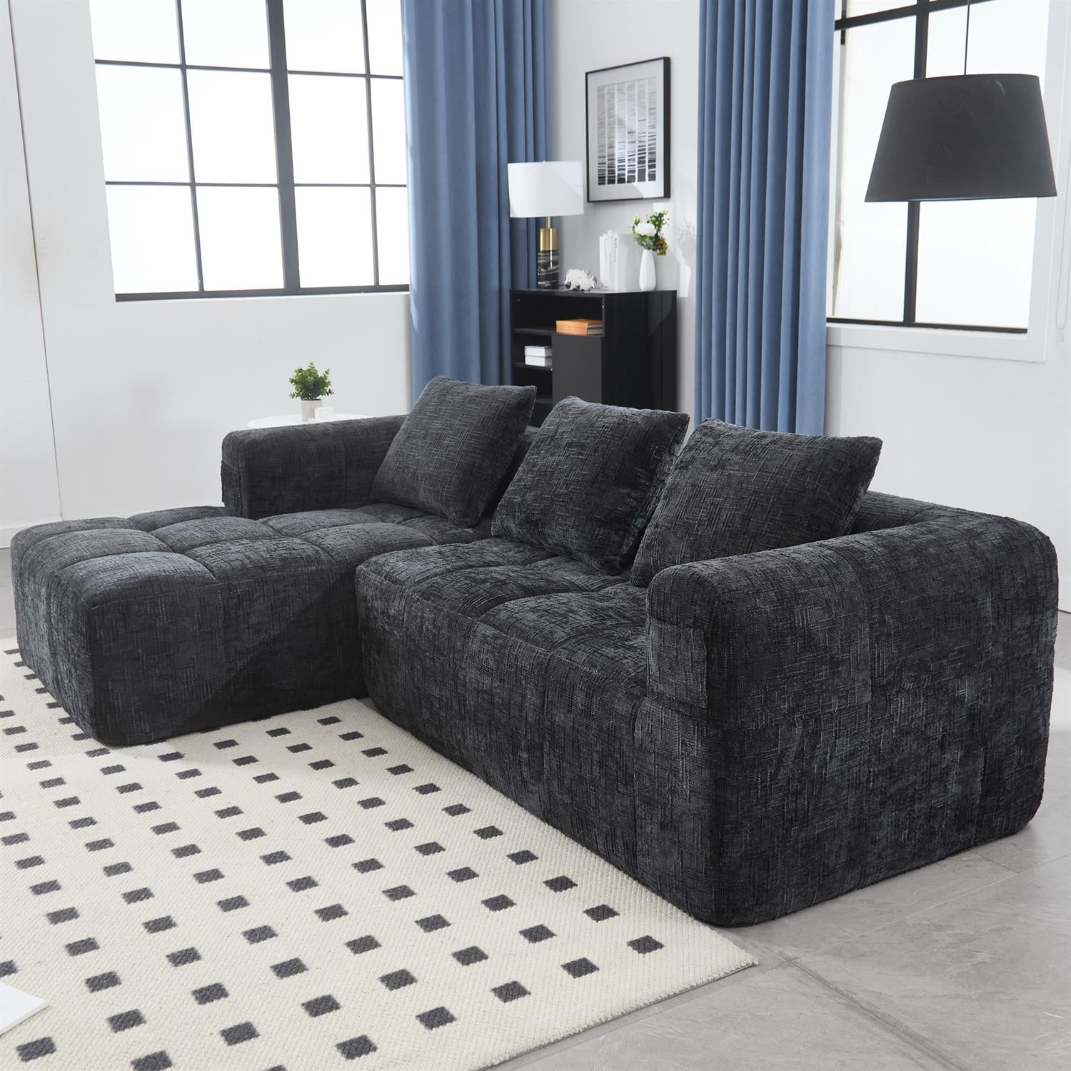 Demi Bonn 98" L-Shaped Modular Sectional Sofa with Chaise, Side Pockets, Modern Comfort Couch, Compression-Free Installation for Living Room, Black