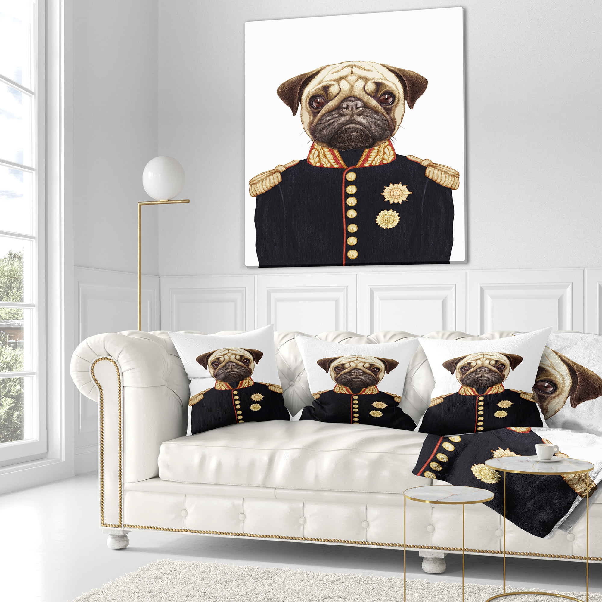 Designart Funny Pug Dog in Military Uniform - Animal Throw Pillow - 18x18