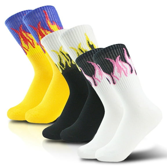 Sunvit-Panties 3 Pack Flame Socks for Men - Mid Calf Trendy Streetwear Polyester Socks, Multicolor Vibrant Flame Pattern, One Size Fits Most for Casual Daily Wear,Size Free Size