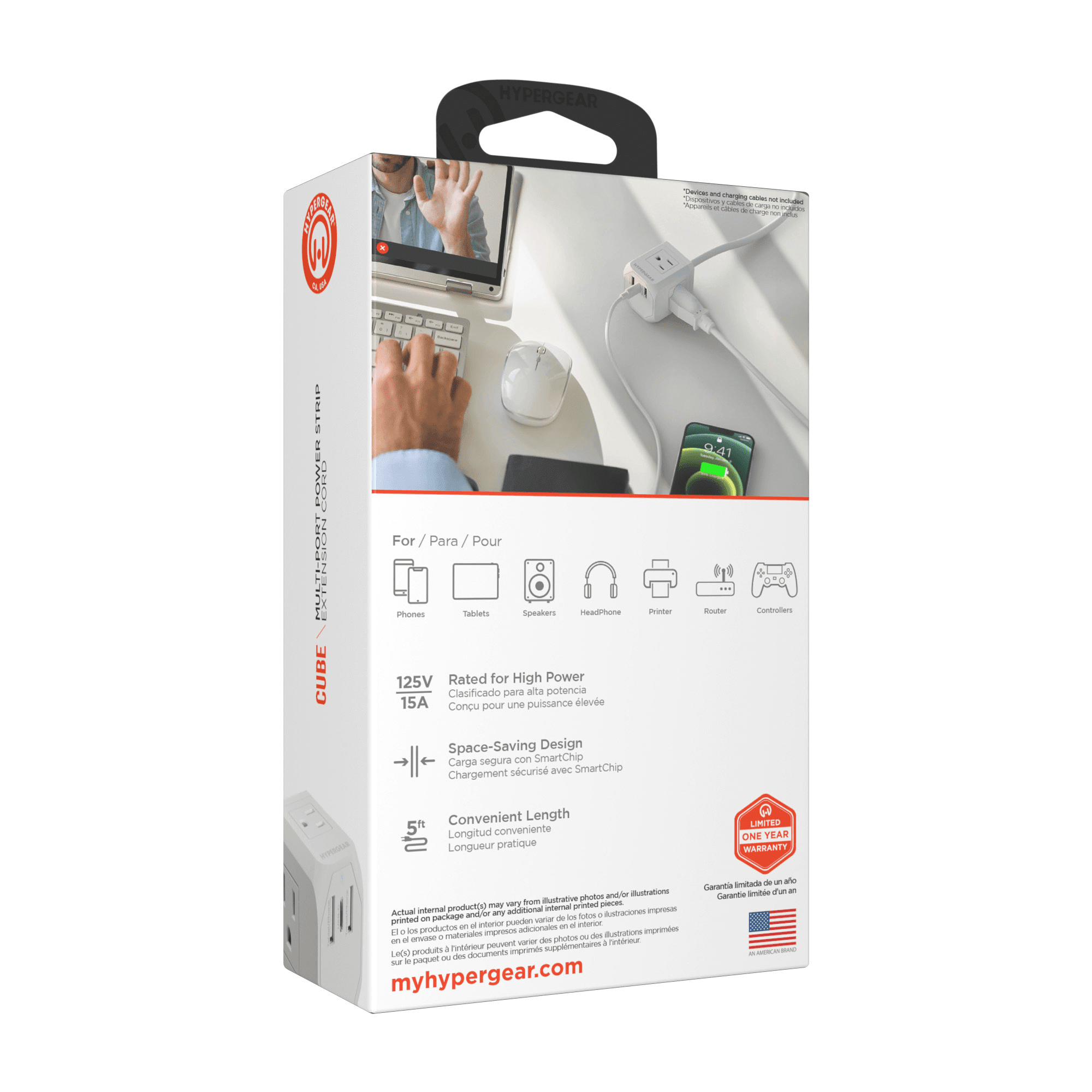 HyperGear CUBE 6-Outlet Multi-Port Power Strip Extension Cord with 5-Ft. Cord, White, 15706