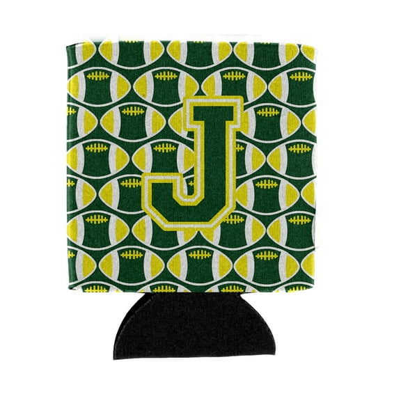 Carolines Treasures CJ1075-JCC Letter J Football Green and Yellow Can or Bottle Hugger Can Hugger multicolor