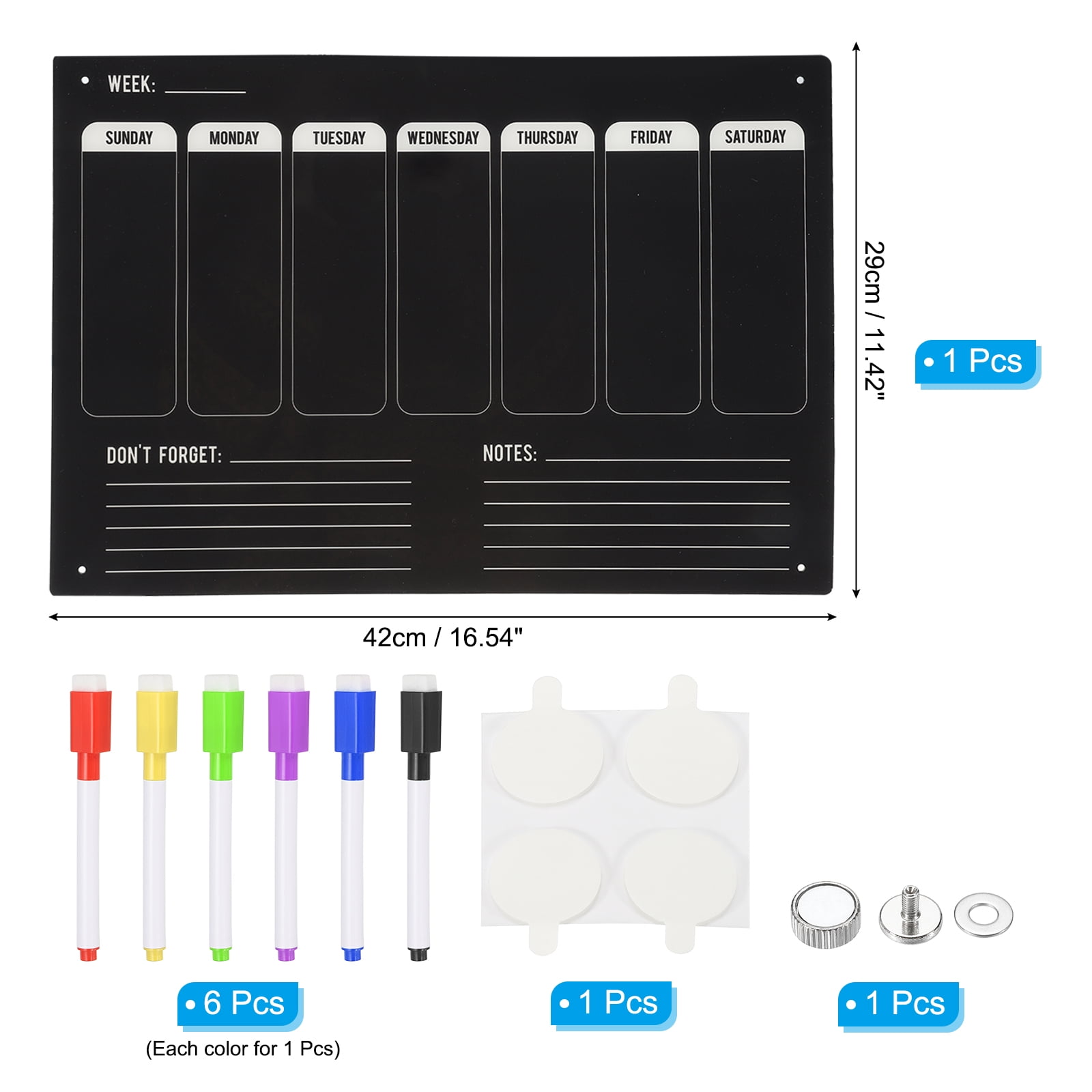 Uxcell Acrylic Magnetic Calendar for Fridge 16"x12", Weekly with Markers, Black