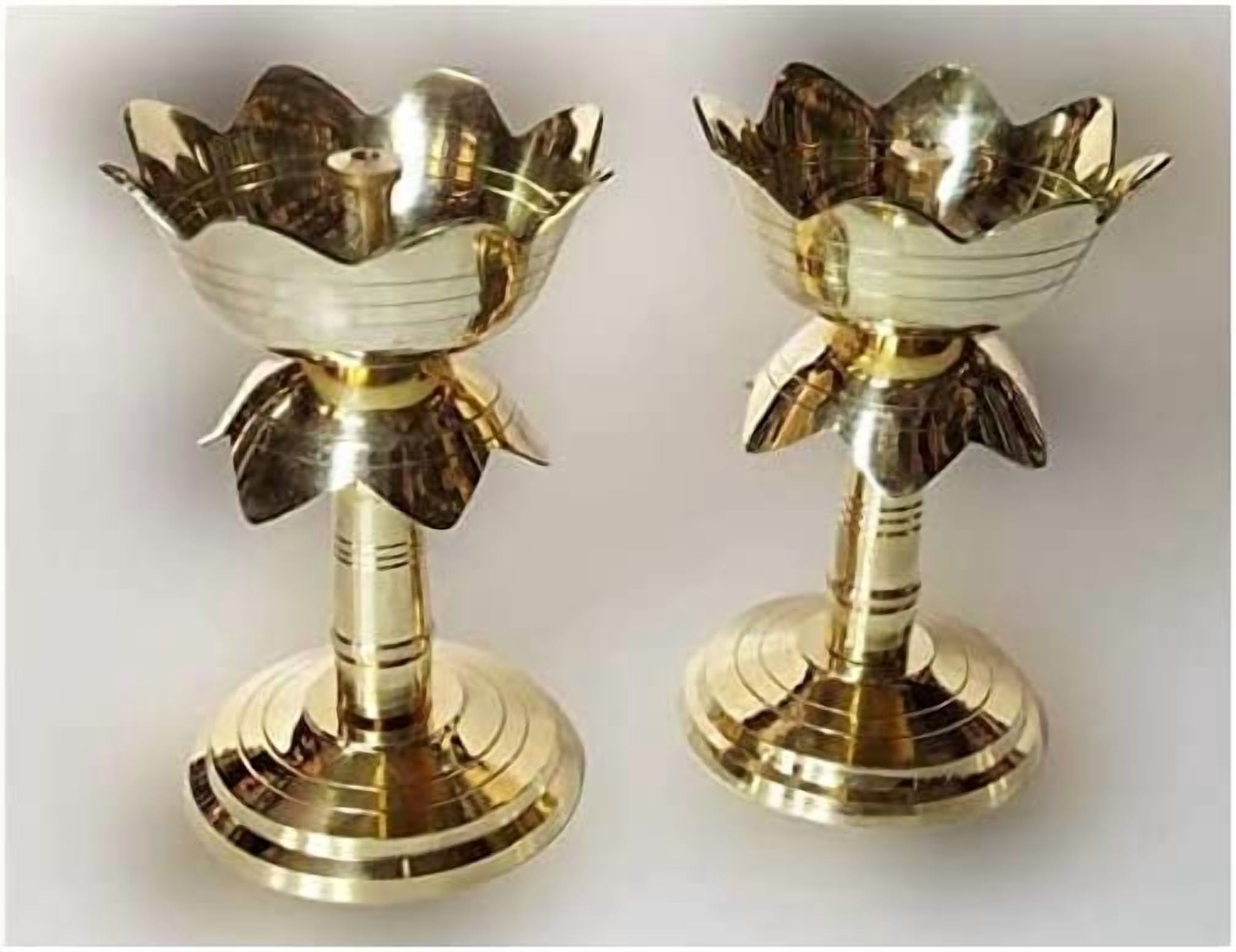 Brass Elegent Lotus Design Oil Lamp/Diya/Deep/Deepak With Stand (Approx. 12 cm Tall, Set of 2) Akhand Diya