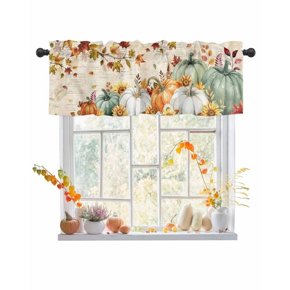Green White Pumpkins Fall Curtain Valance for Windows/Kitchen/Living Room/Bedroom, Thanksgiving Maple Leaf Autumn Rod Pocket Window Treatment Short Drape Topper Small Tier Cafe Curtains Panel 42X12
