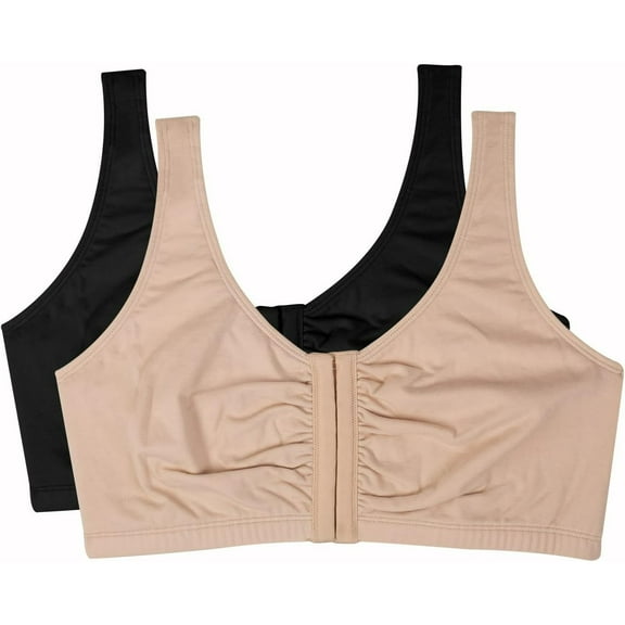 Fruit of the Loom Front Close Builtup Women's Sports Bra, Sand/Black (2-pack)
