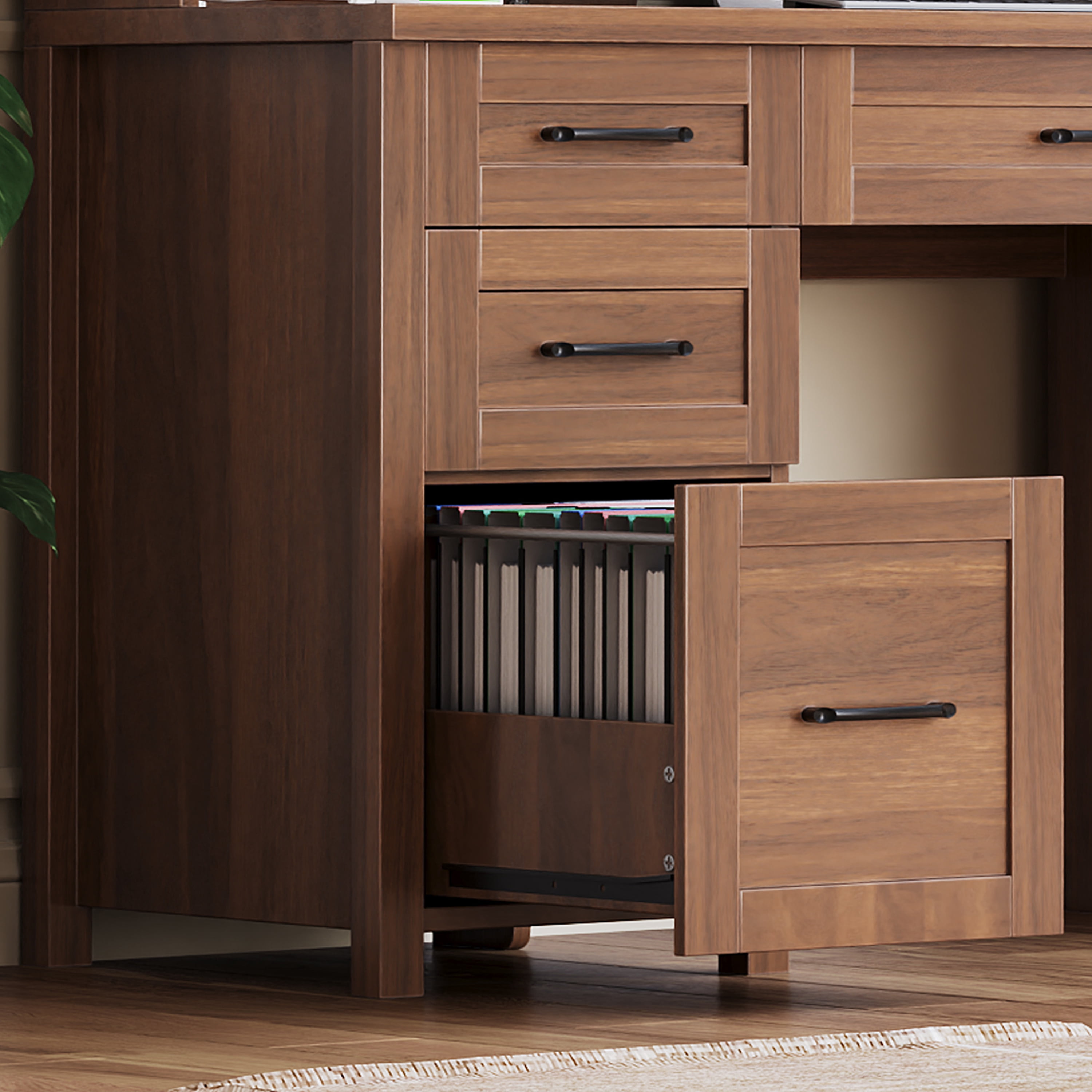 Mintazer Farmhouse Executive Desk with Storage Cabinets & Charging Station, Computer Desk with 2 Sliding Barn Doors and 5 Drawers & Adjustable Shelf for Home Office, Walnut
