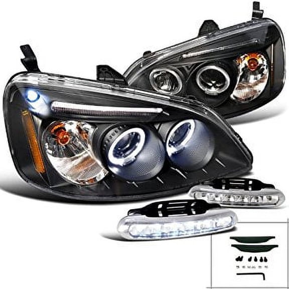 Honda Civic Sedan Coupe 2/4Dr Black Headlights LED DRL 6000K Bumper Fog Lamps