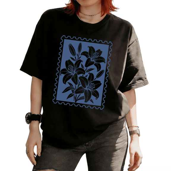 Cozymy Women's Vintage Stamp Frame Blue White Lily Bloom Bud Leaf Botanical Floral Graphic Cotton Short Sleeve T-Shirt