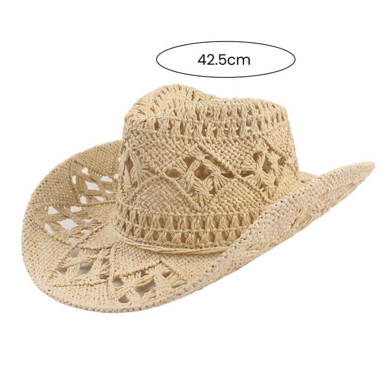 HEVIRGO Cowboy Hat Classic Vintage Hollow Out Unisex Curled Edge Wide Brim  Men Sun Hat Fishing Hat Beige Straw 