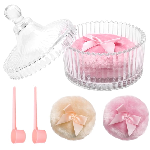 5 PCS Large Body Powder Puff and Container Set, Plutput 4 Inch Crystal Powder Container for Body Powder Puff Dish with 2P Powder Puffs and 2P Spoon