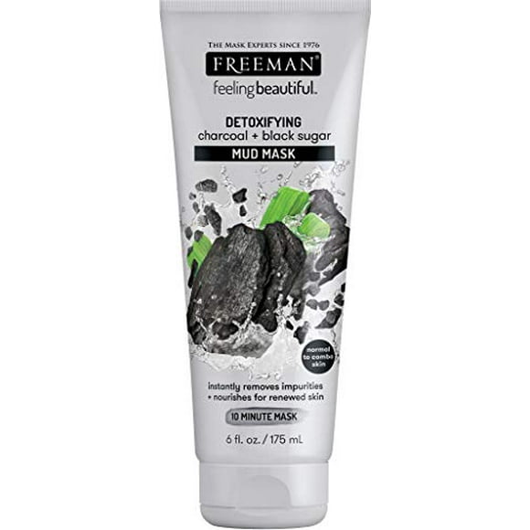 Freeman Detoxifying Charcoal Mud Facial Mask, Hydrating and Oil Absorbing Beauty Face Mask with Black Sugar, 6 oz