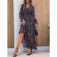 thumbnail image 6 of Women Floral Print V Neck A-Line Maxi Dress Long Sleeves Casual Wrap Autumn Beach Swing Black L, 6 of 9