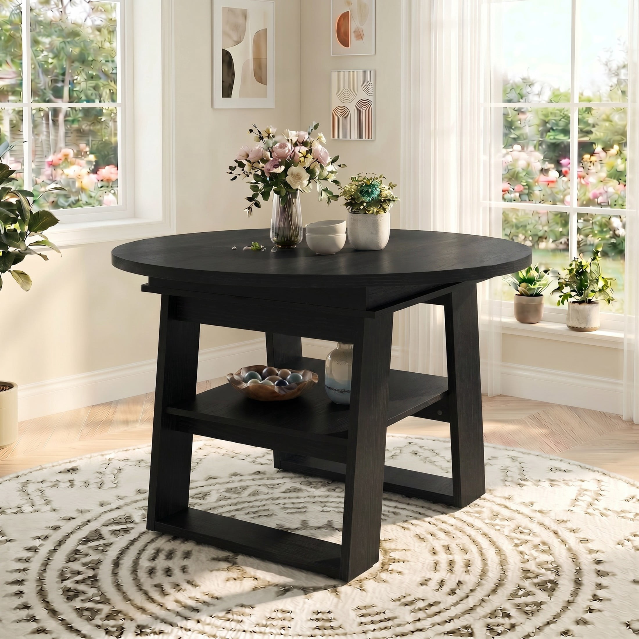 Noble House 43.3"-59.05" Extendable Round Dining Table, Oval Kitchen Table with Storage Shelf, Black