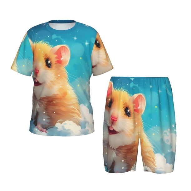 Fotbe Cloud Cute Hamster Pijama Estampada de 2 Piezas para Niños – Ropa de Dormir de Manga Corta Cómoda para Niños y Niñas, Camiseta y Shorts de Algodón-Medium
