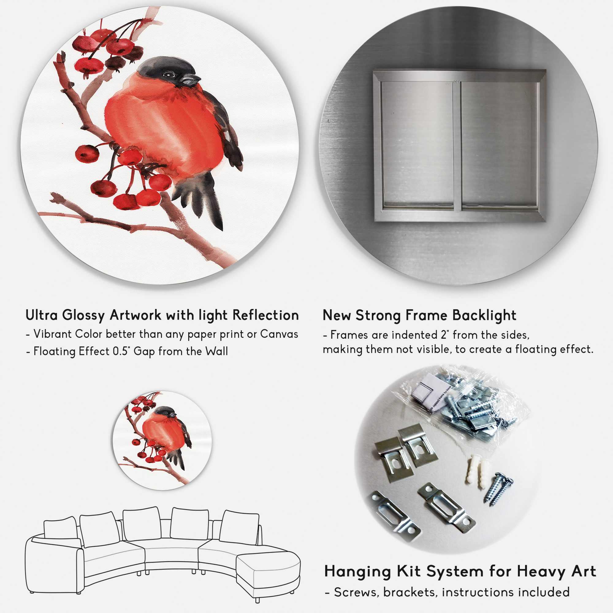 Designart 'Red Bullfinch Bird Sitting On A Branch With Berries' Traditional Circle Metal Wall Art 23x23 - Disc of 23
