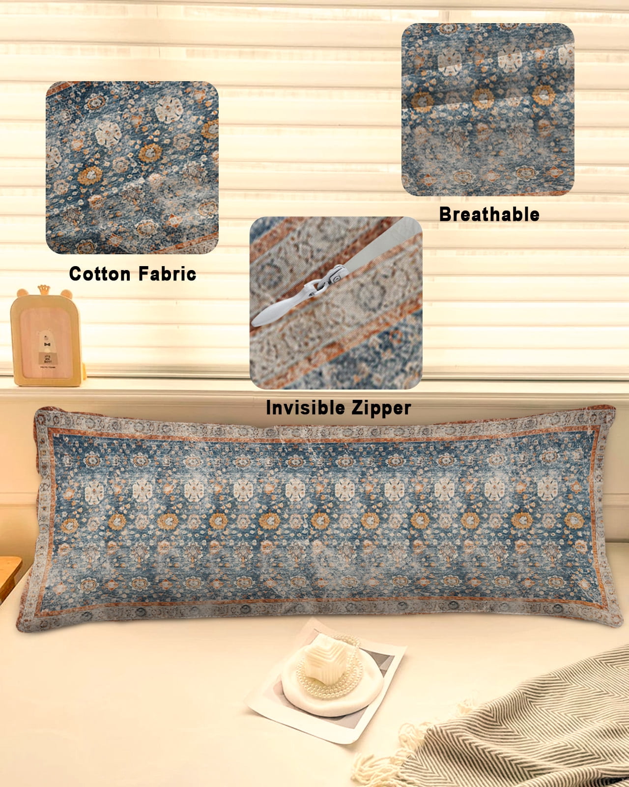 Blue Brown Bohemian Throw Pillow Cover,Vintage Abstract Geometric Floral Rectangle Decorative Pillow Case Protector Soft Cushion Cover Lumbar Pillowcase for Couch Sofa Bedroom Car Decor 20x54 Inch