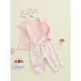 thumbnail image 4 of Musuos 3-Piece Baby Girls Fall Basic Set 3M 6M 12M 18M Long Sleeve Round Neck Ruffled Ribbed Romper Daisy Print Long Trousers Hair Band Outfits, 4 of 10