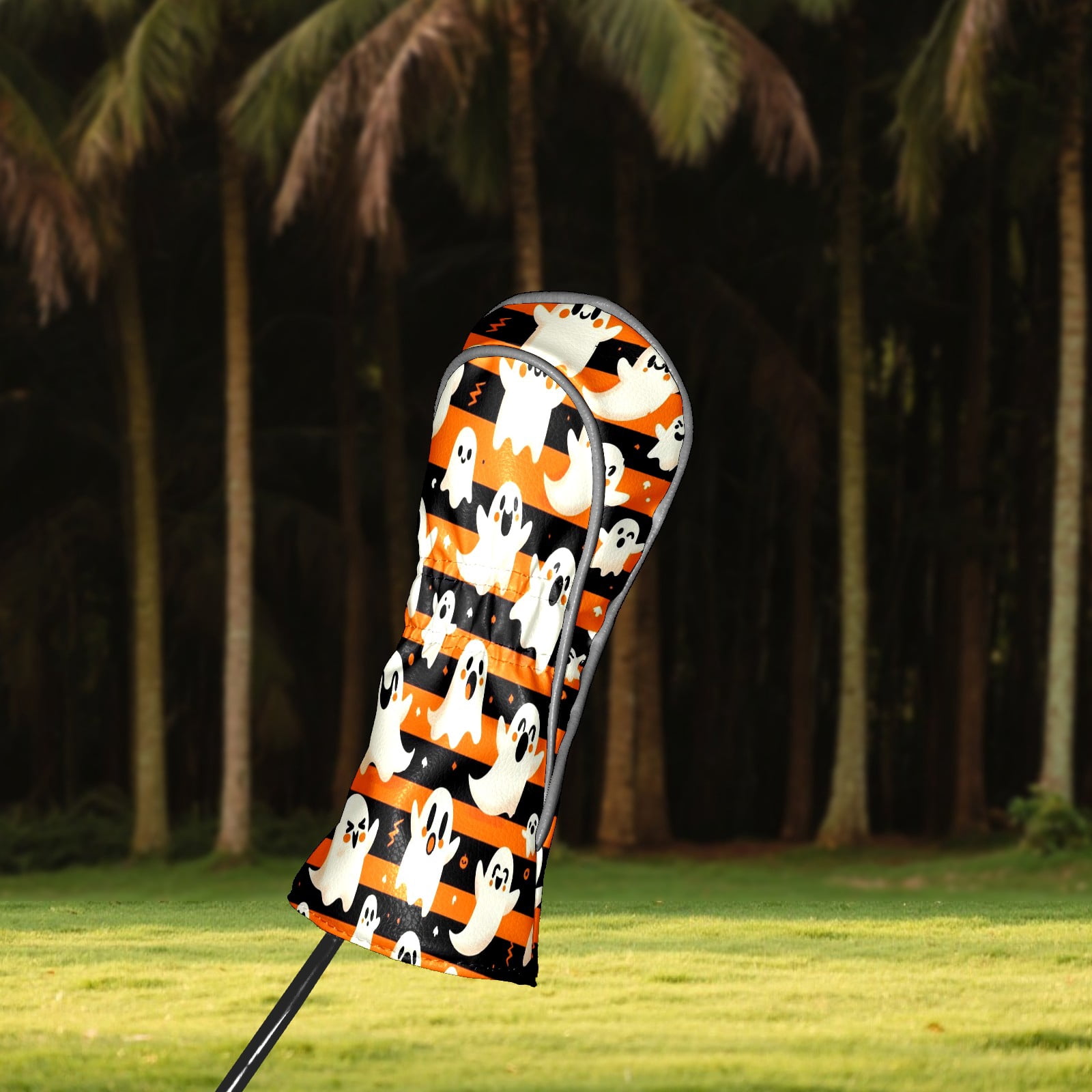 Golf Club Head Covers Orange Stripe Ghost Pumpkin for Driver and Fairway Woods, Premium PU Leather, Waterproof, Velvet Lining, Unisex Golf Gift