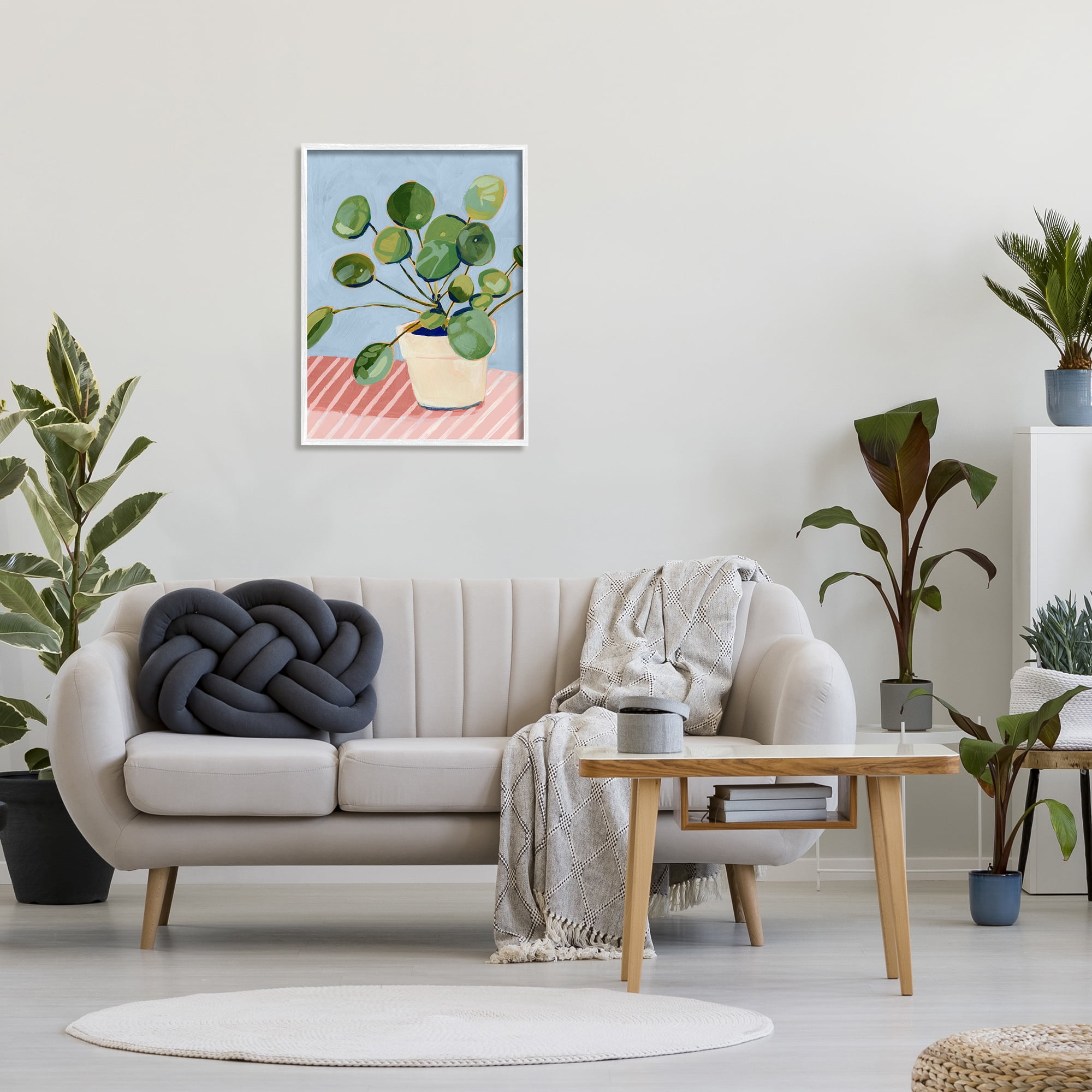 Stupell Industries Green Potted Plant Round Leaves Pink Stripe Table Botanical & Floral Painting White Framed Art Print Wall Art, 24 x 30